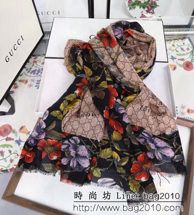 GUCCI古馳海外原版 logo花紋圖案羊絨長圍巾 LLWJ6937